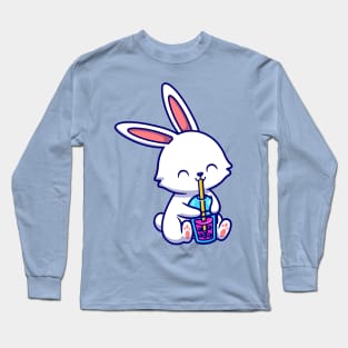 Cute Rabbit Drink Boba Milk Tea Cartoon Long Sleeve T-Shirt